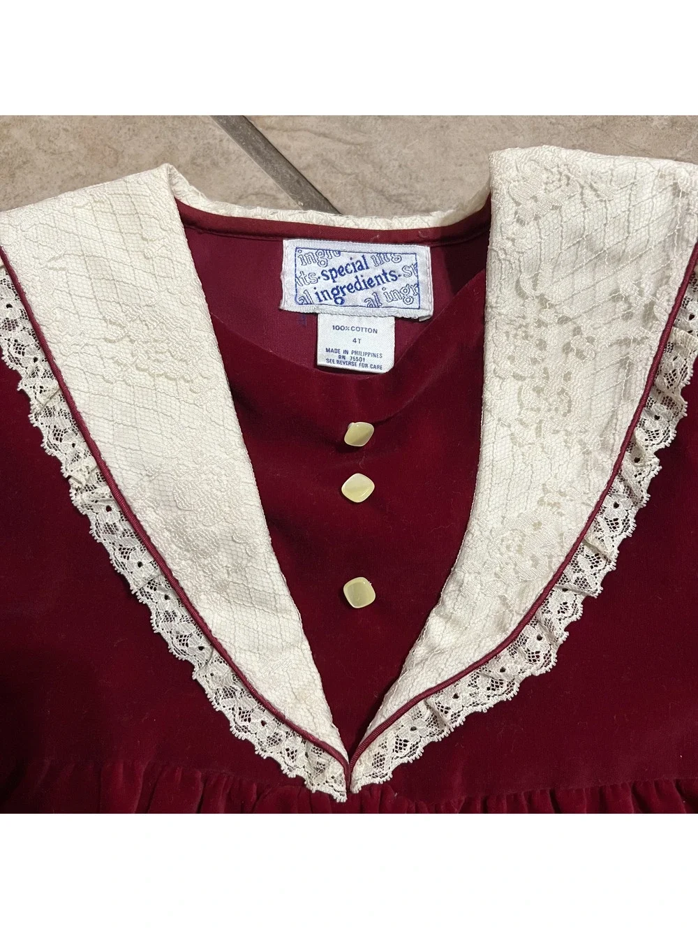 Vintage Special Ingredients Velvet Ruffle Lace Trim Red Cotton Dress 3T Holiday